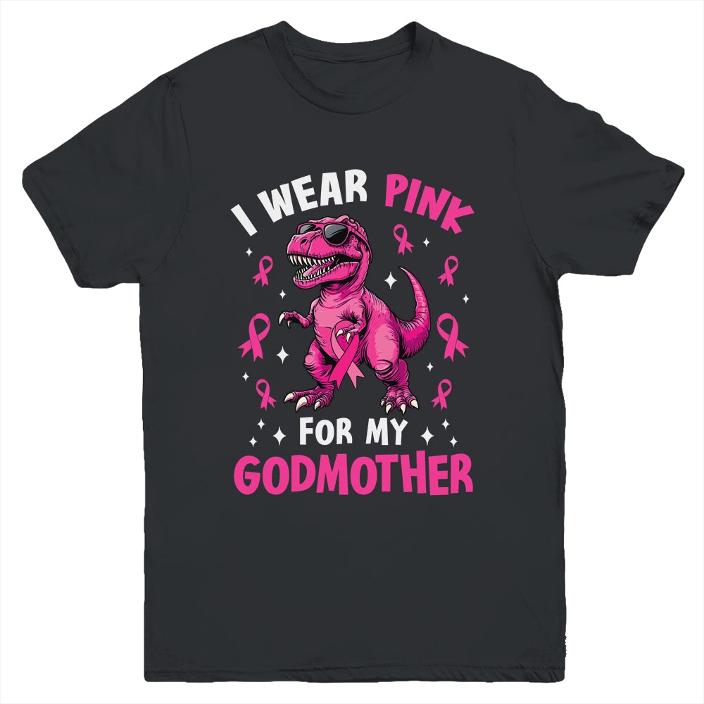 I Wear Pink For My Godmother T-Rex Dinosaur Breast Cancer Awareness Youth Shirt | siriusteestore
