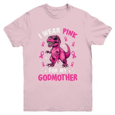 I Wear Pink For My Godmother T-Rex Dinosaur Breast Cancer Awareness Youth Shirt | siriusteestore