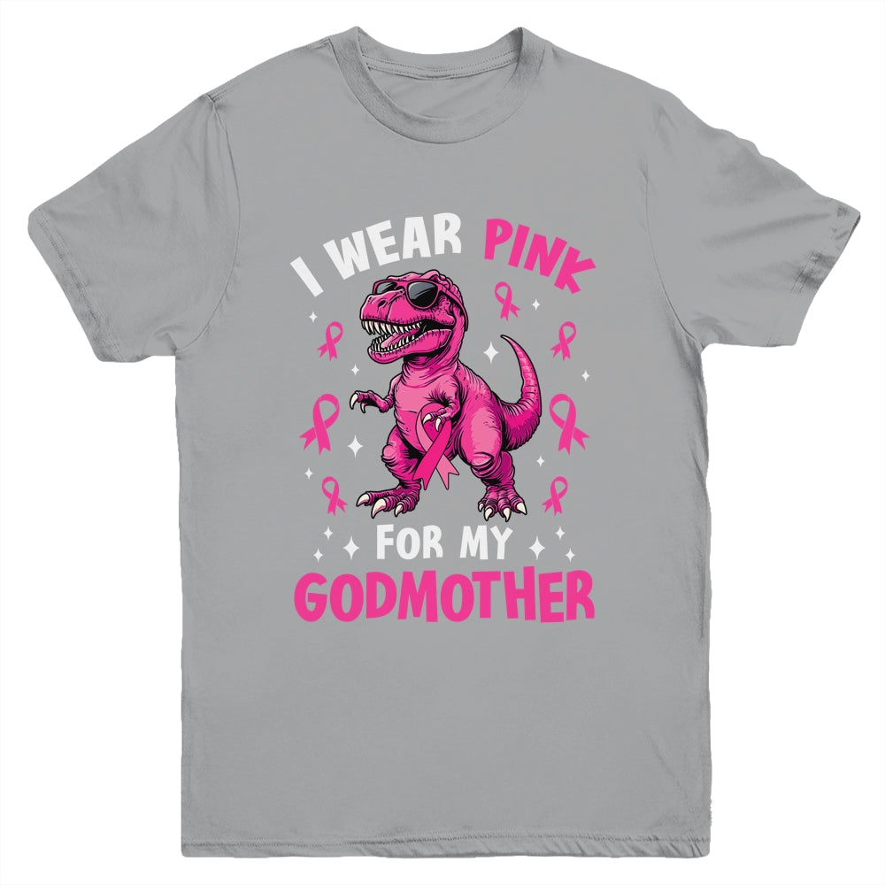 I Wear Pink For My Godmother T-Rex Dinosaur Breast Cancer Awareness Youth Shirt | siriusteestore