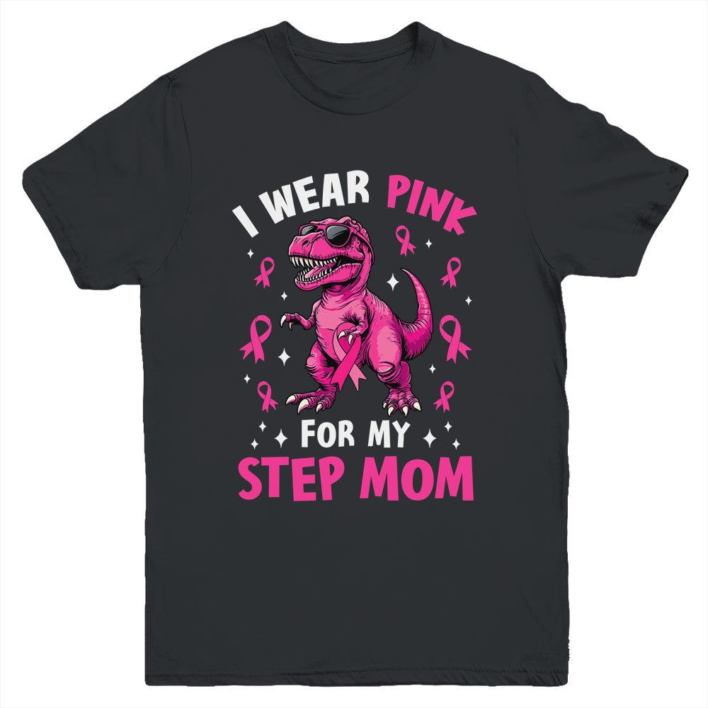 I Wear Pink For My Step Mom T-Rex Dinosaur Breast Cancer Awareness Youth Shirt | siriusteestore