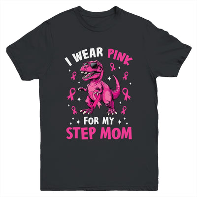 I Wear Pink For My Step Mom T-Rex Dinosaur Breast Cancer Awareness Youth Shirt | siriusteestore