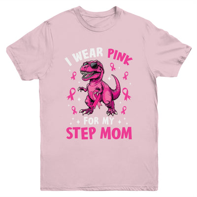 I Wear Pink For My Step Mom T-Rex Dinosaur Breast Cancer Awareness Youth Shirt | siriusteestore