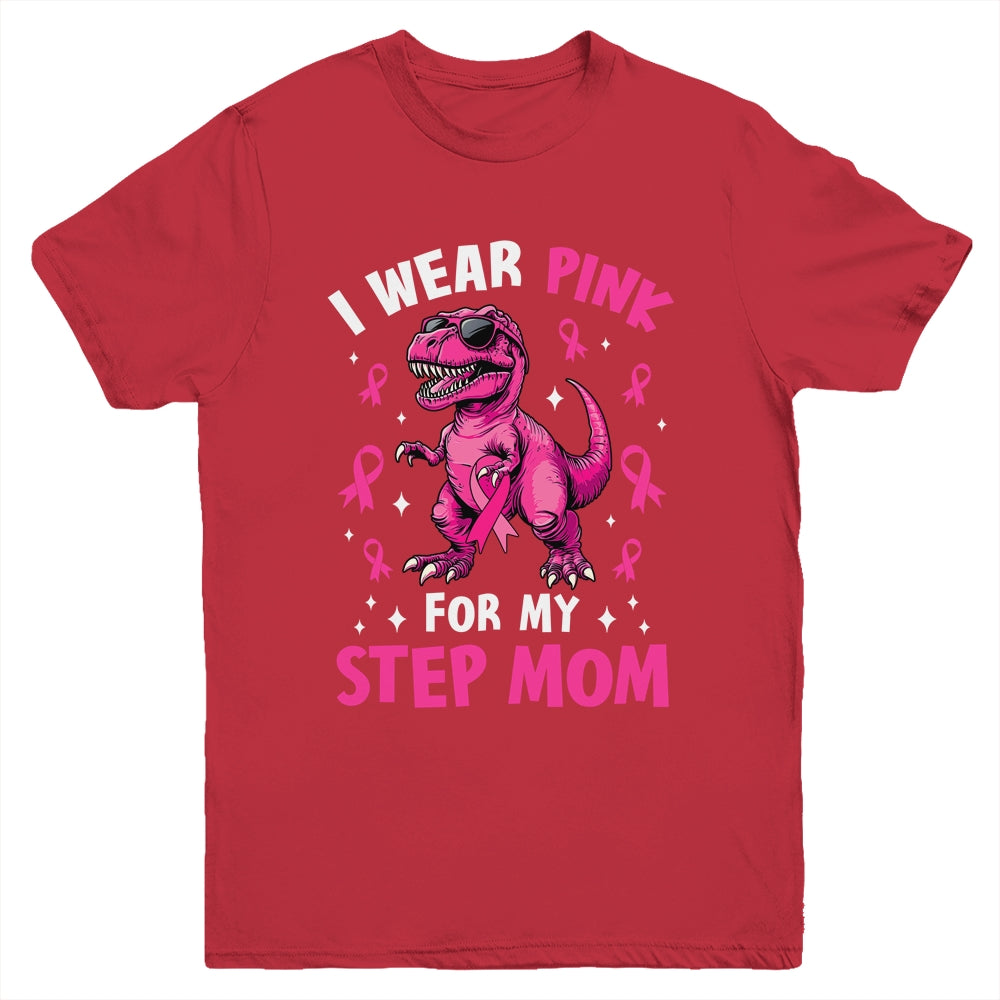 I Wear Pink For My Step Mom T-Rex Dinosaur Breast Cancer Awareness Youth Shirt | siriusteestore