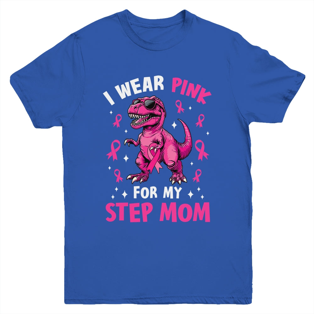 I Wear Pink For My Step Mom T-Rex Dinosaur Breast Cancer Awareness Youth Shirt | siriusteestore