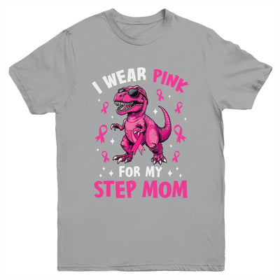 I Wear Pink For My Step Mom T-Rex Dinosaur Breast Cancer Awareness Youth Shirt | siriusteestore