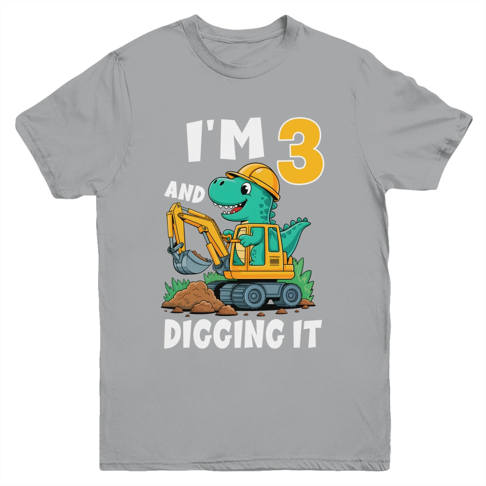 I'm 3 And Digging It 3rd Birthday Cute Dinosaur Construction Youth Shirt | siriusteestore