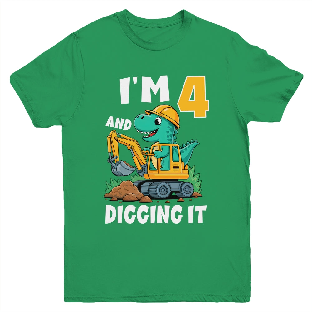 I'm 4 And Digging It 4th Birthday Cute Dinosaur Construction Youth Shirt | siriusteestore