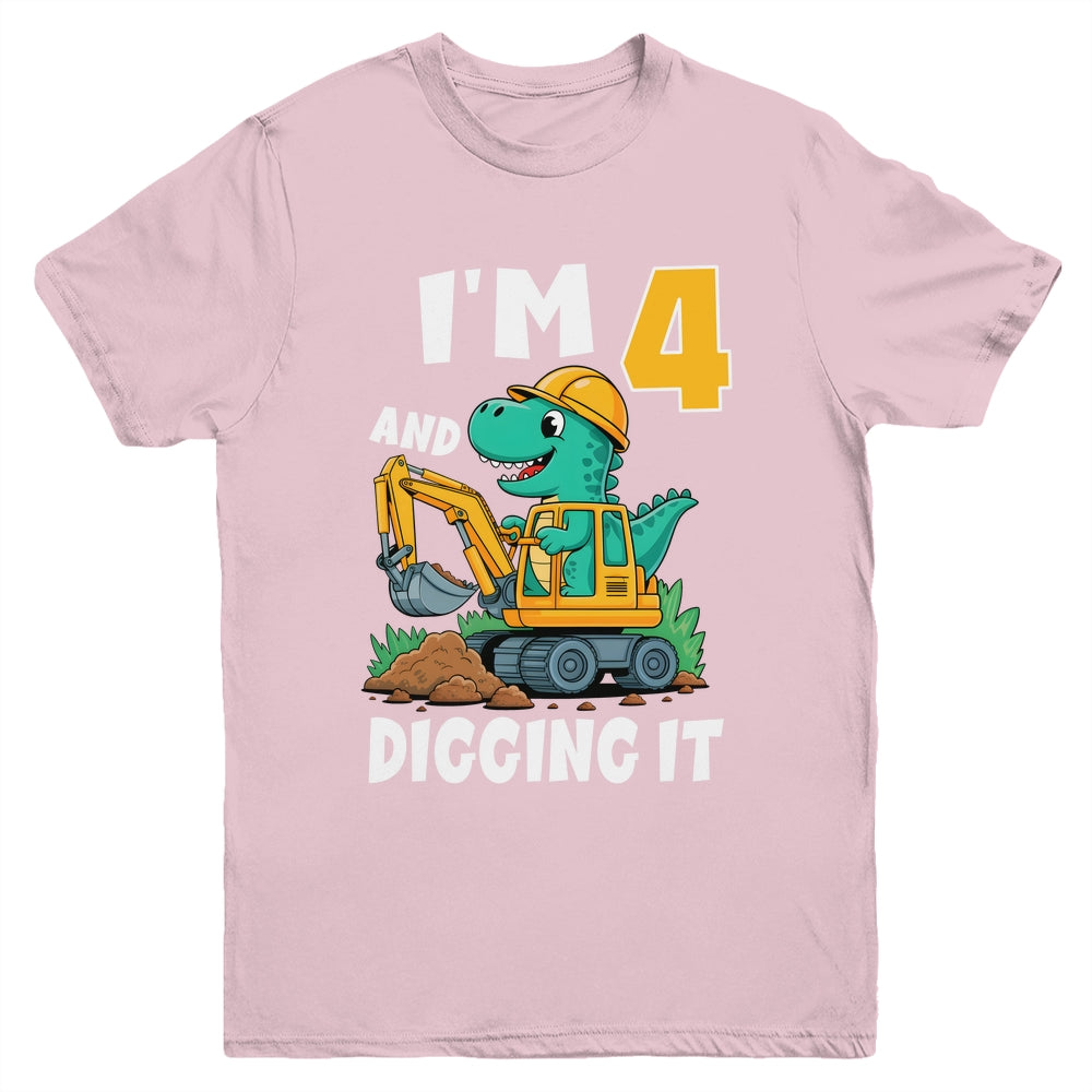 I'm 4 And Digging It 4th Birthday Cute Dinosaur Construction Youth Shirt | siriusteestore