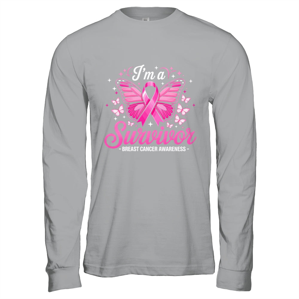 I'm A Survivor Breast Cancer Awareness Women Butterfly Ribbon Shirt & Hoodie | siriusteestore