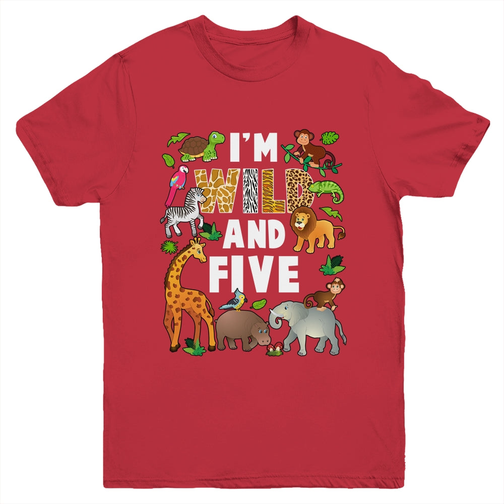 I'm Wild And Five 5 Year Old 5th Birthday Safari Jungle Animal Youth Shirt | siriusteestore