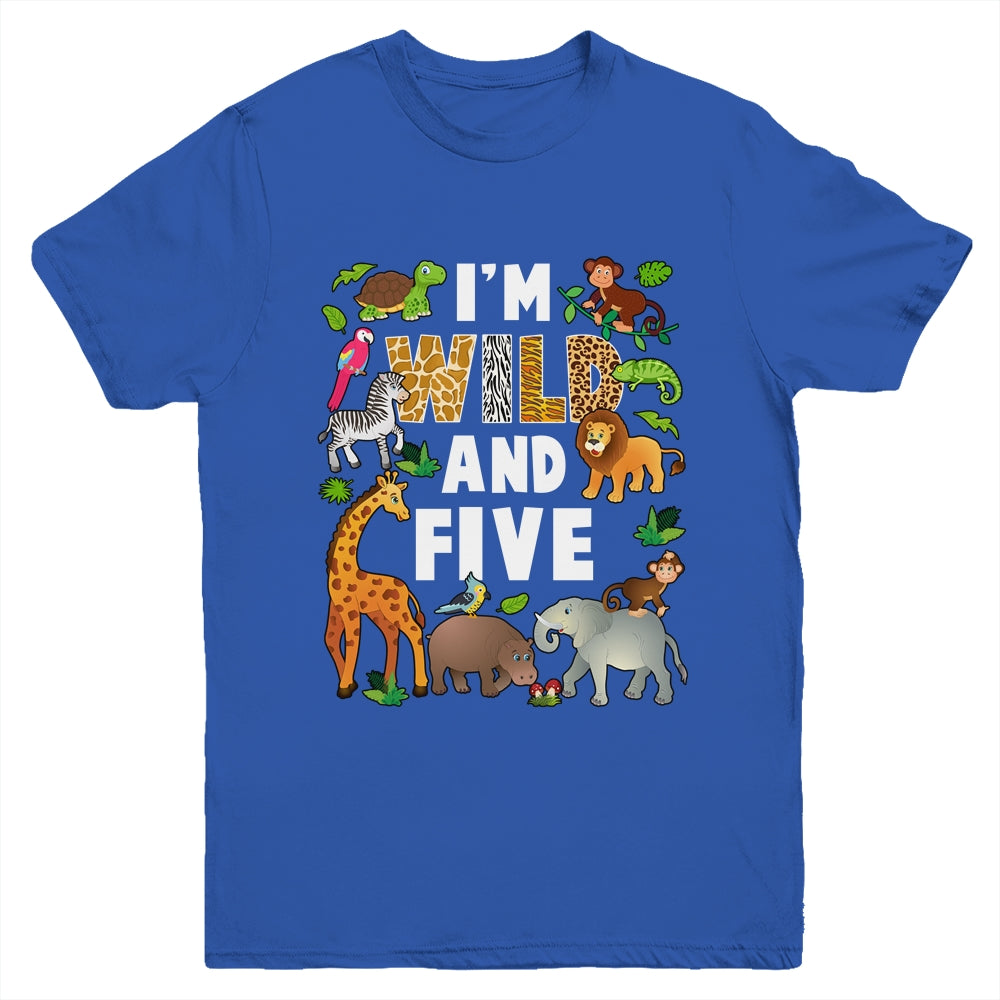 I'm Wild And Five 5 Year Old 5th Birthday Safari Jungle Animal Youth Shirt | siriusteestore