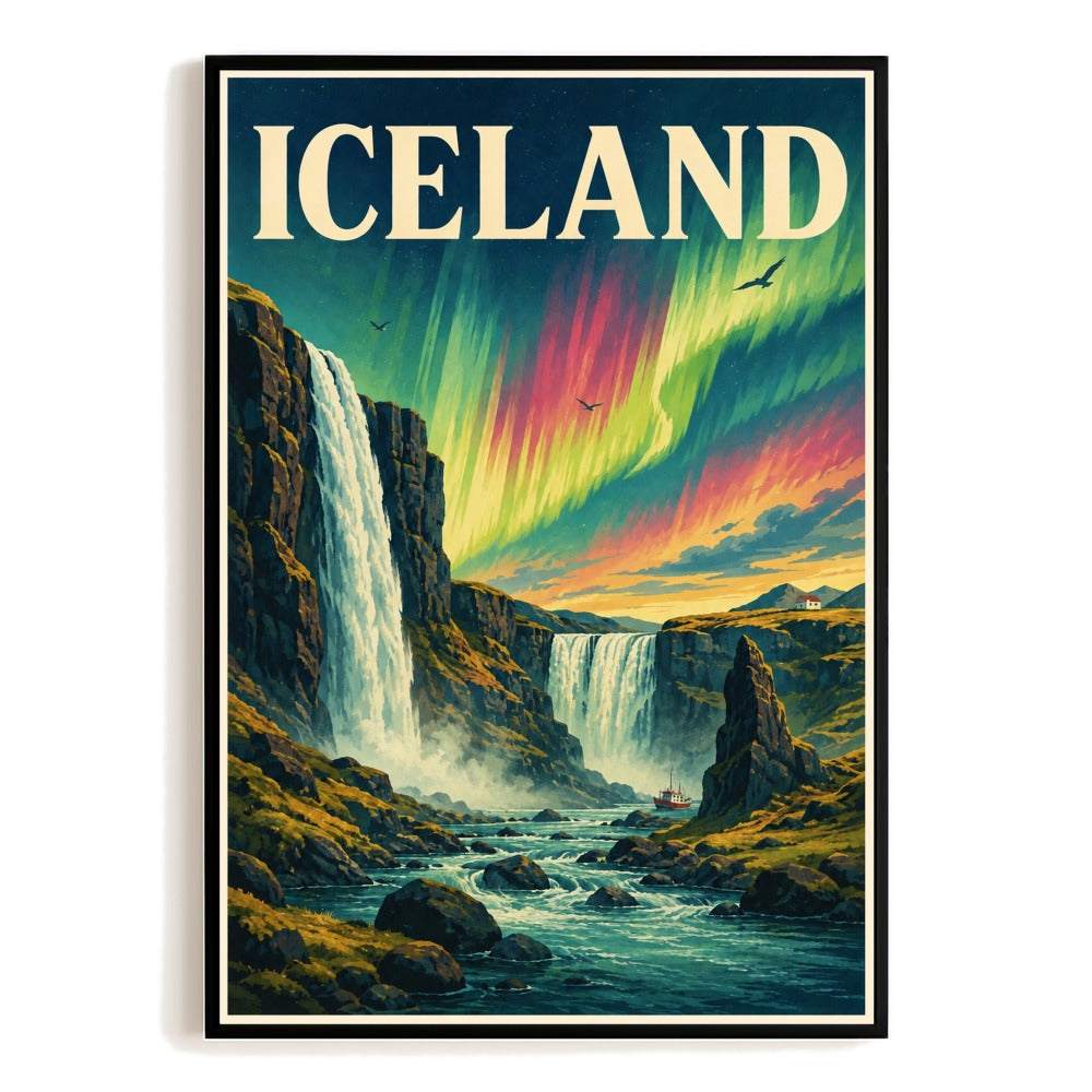Iceland Waterfall Northern Lights Vintage Travel Poster Wall Art Print Aurora Borealis Nordic Landscape Souvenir Decor For Home Living Room Office Bedroom Gift Unframed | siriusteestore