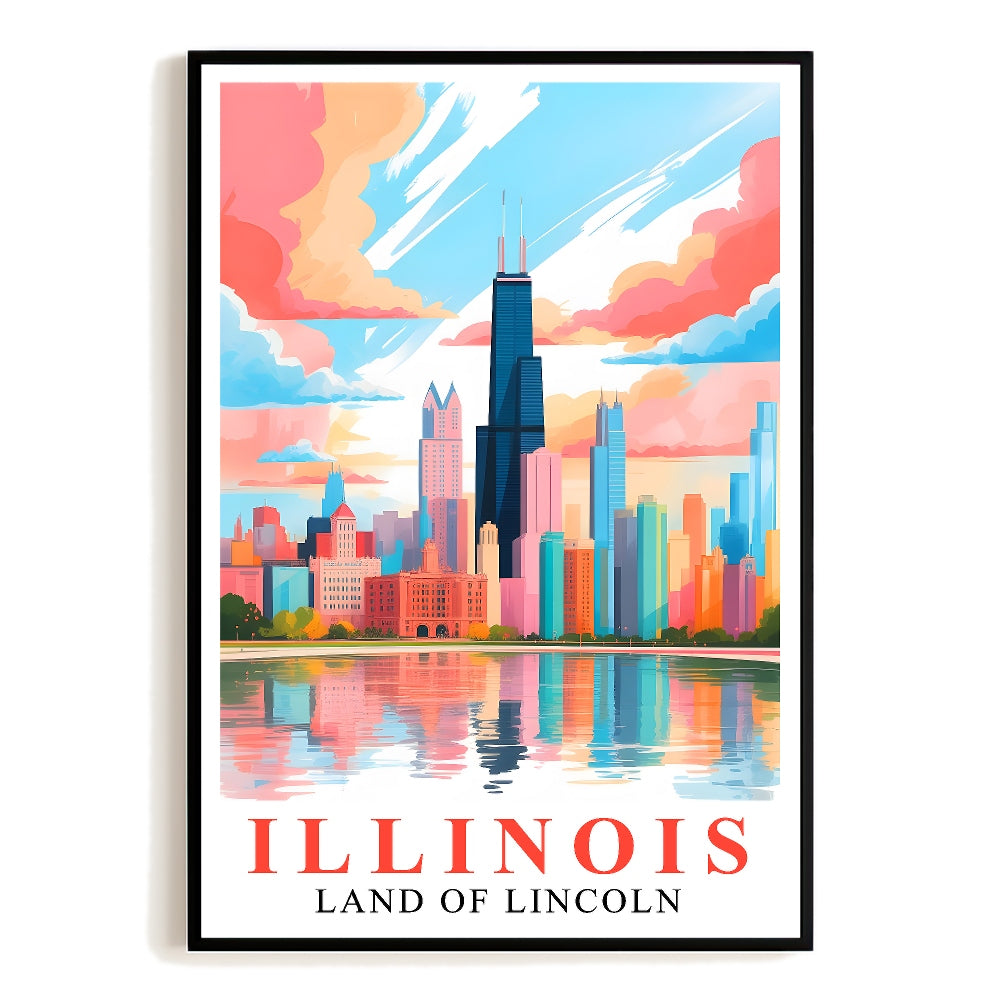 Illinois Art Print Travel Poster Land Of Lincoln Chicago City Skyline Travel Souvenir Wall Landscape Painting Ideal For Home Living Room Office Bedroom Decor Unframed | siriusteestore