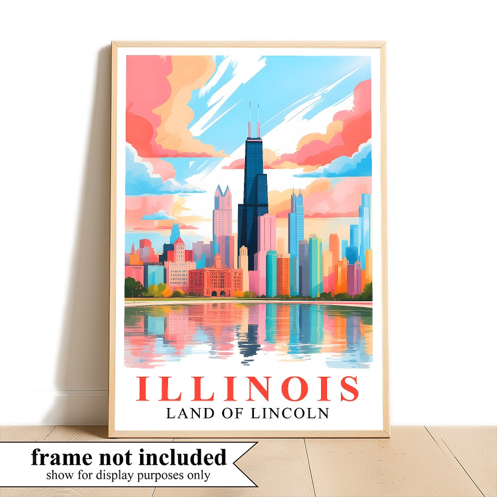 Illinois Art Print Travel Poster Land Of Lincoln Chicago City Skyline Travel Souvenir Wall Landscape Painting Ideal For Home Living Room Office Bedroom Decor Unframed | siriusteestore