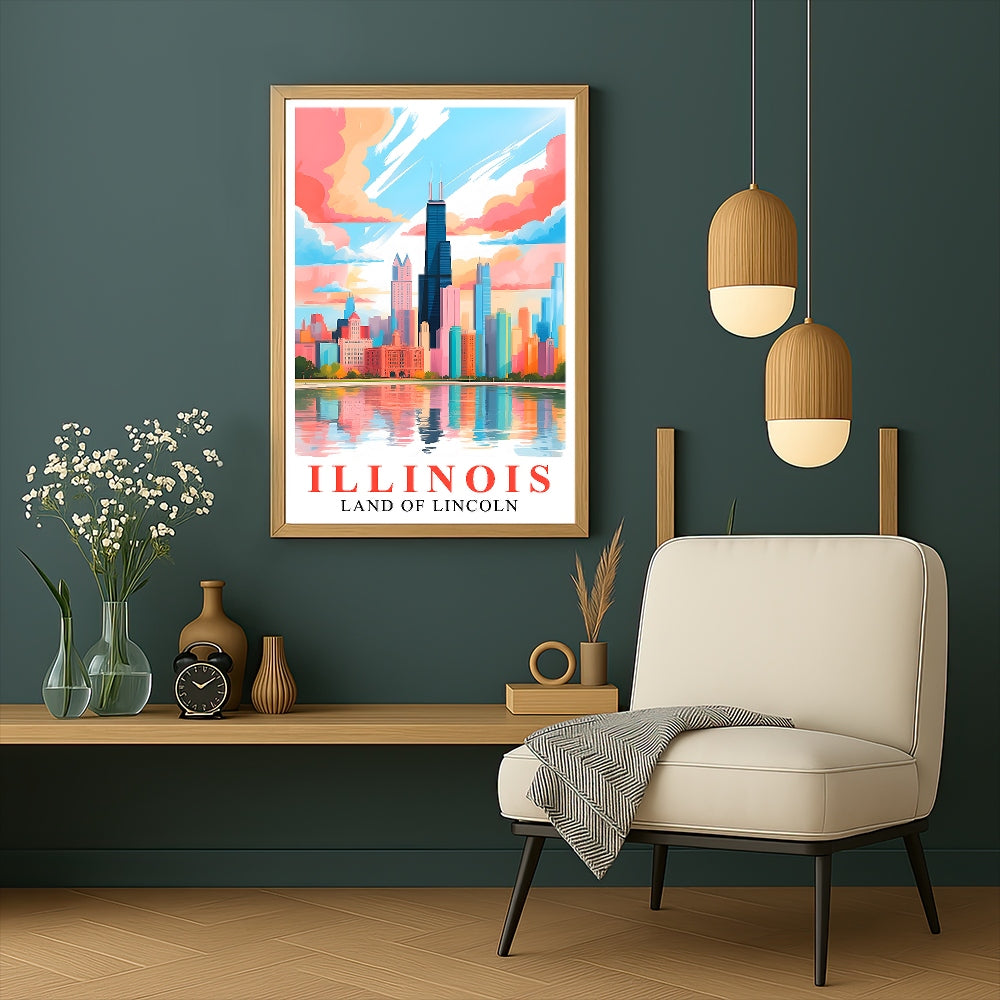 Illinois Art Print Travel Poster Land Of Lincoln Chicago City Skyline Travel Souvenir Wall Landscape Painting Ideal For Home Living Room Office Bedroom Decor Unframed | siriusteestore
