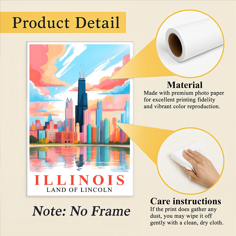 Illinois Art Print Travel Poster Land Of Lincoln Chicago City Skyline Travel Souvenir Wall Landscape Painting Ideal For Home Living Room Office Bedroom Decor Unframed | siriusteestore