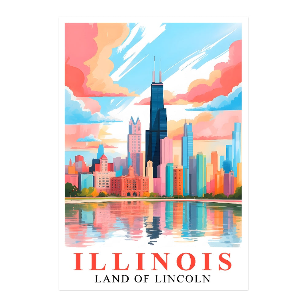 Illinois Art Print Travel Poster Land Of Lincoln Chicago City Skyline Travel Souvenir Wall Landscape Painting Ideal For Home Living Room Office Bedroom Decor Unframed | siriusteestore
