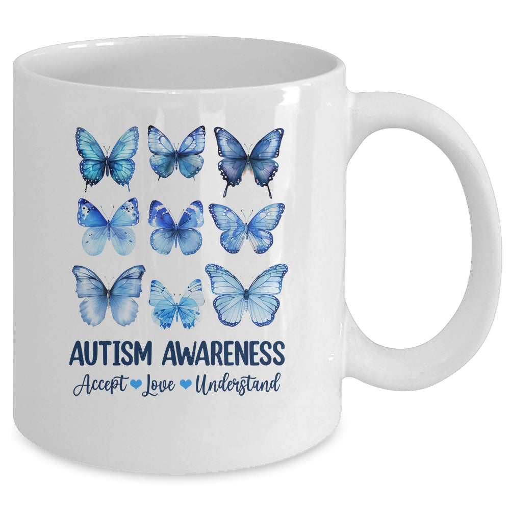 In April We Wear Blue Butterfly Autism Mental Health Women Mug | siriusteestore