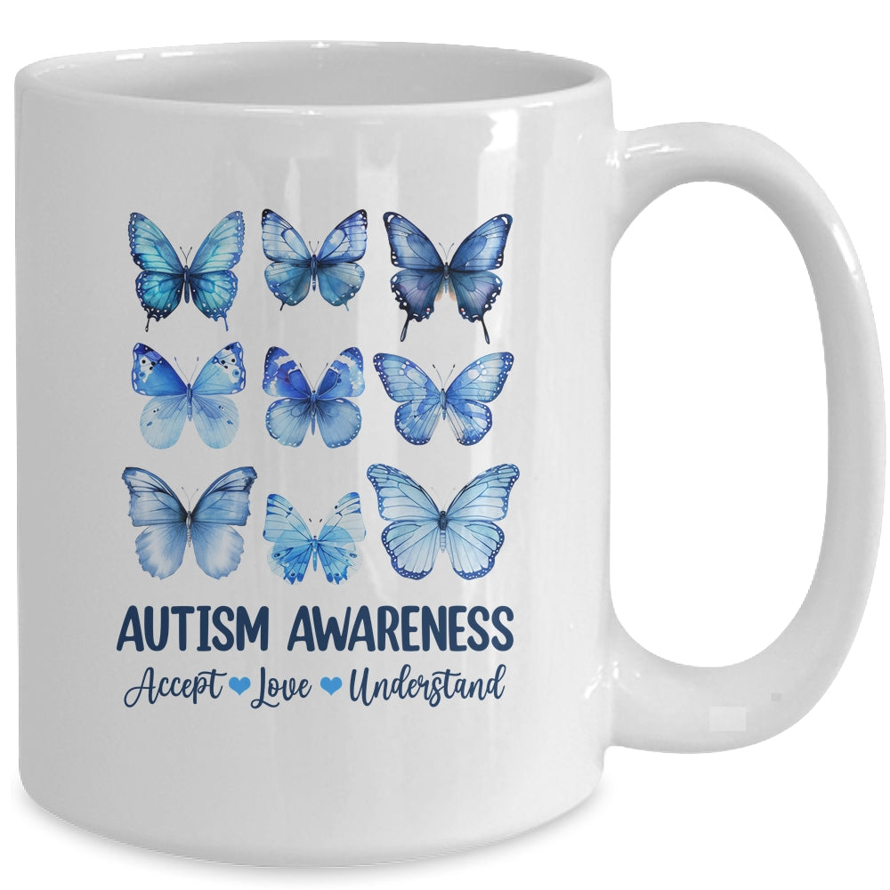 In April We Wear Blue Butterfly Autism Mental Health Women Mug | siriusteestore