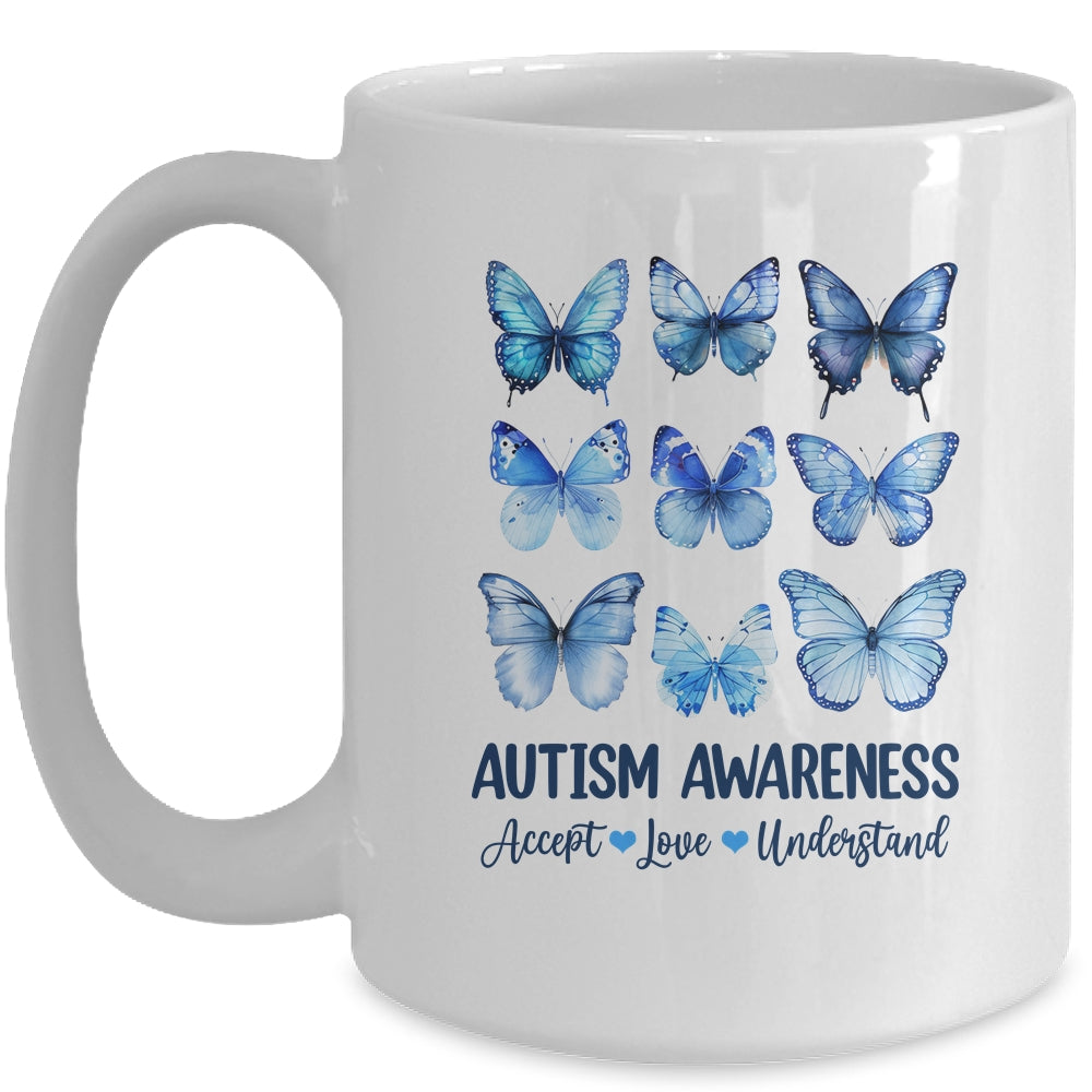 In April We Wear Blue Butterfly Autism Mental Health Women Mug | siriusteestore
