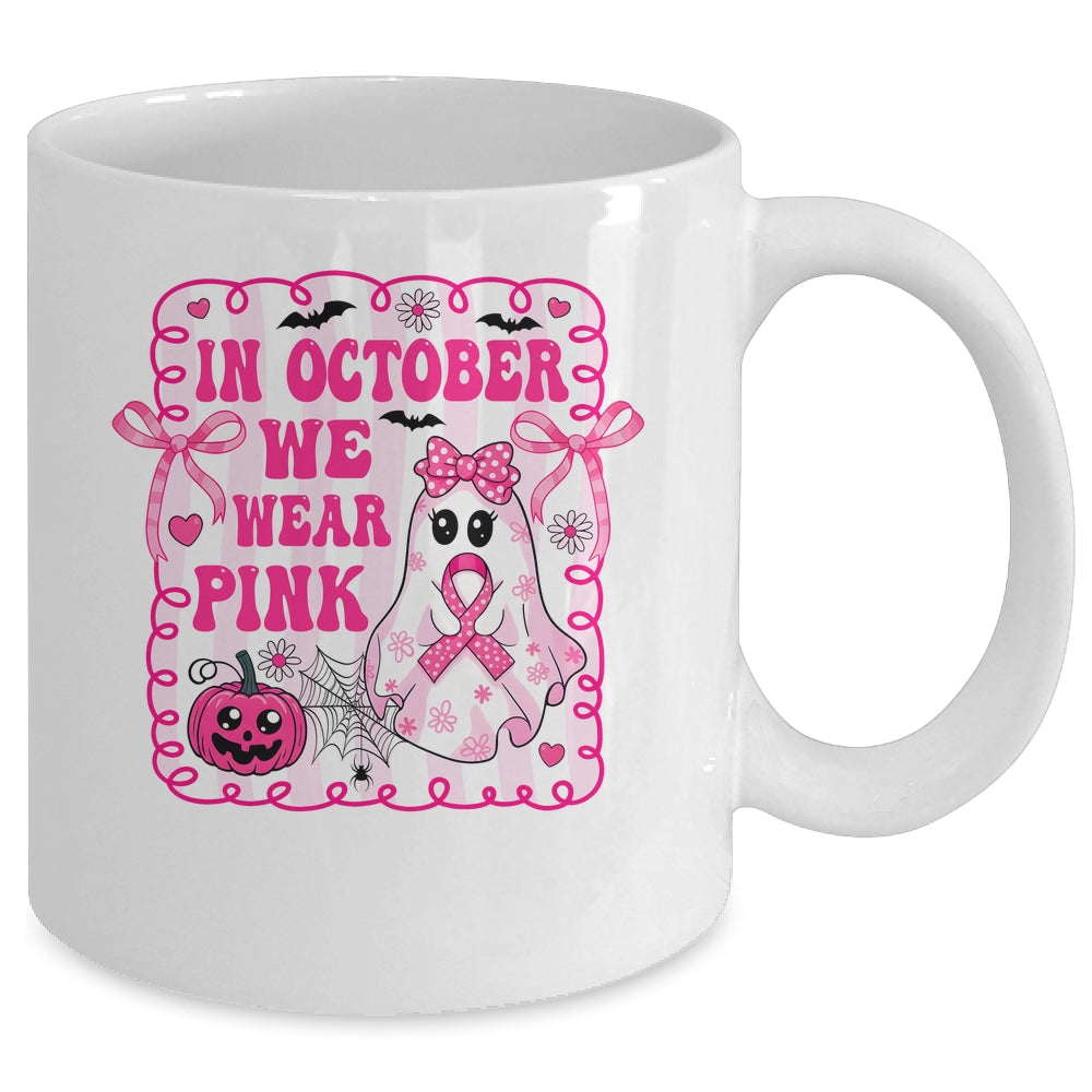 In October We Wear Pink Coquette Breast Cancer Halloween Ghost Mug | siriusteestore