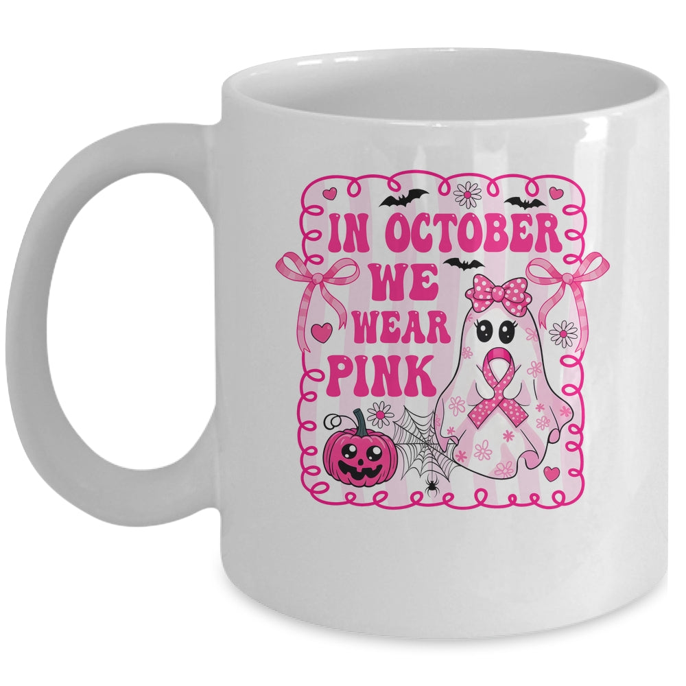 In October We Wear Pink Coquette Breast Cancer Halloween Ghost Mug | siriusteestore
