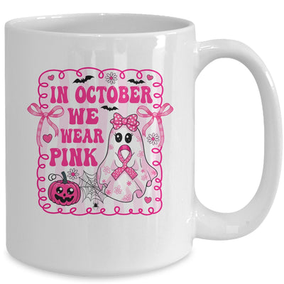 In October We Wear Pink Coquette Breast Cancer Halloween Ghost Mug | siriusteestore