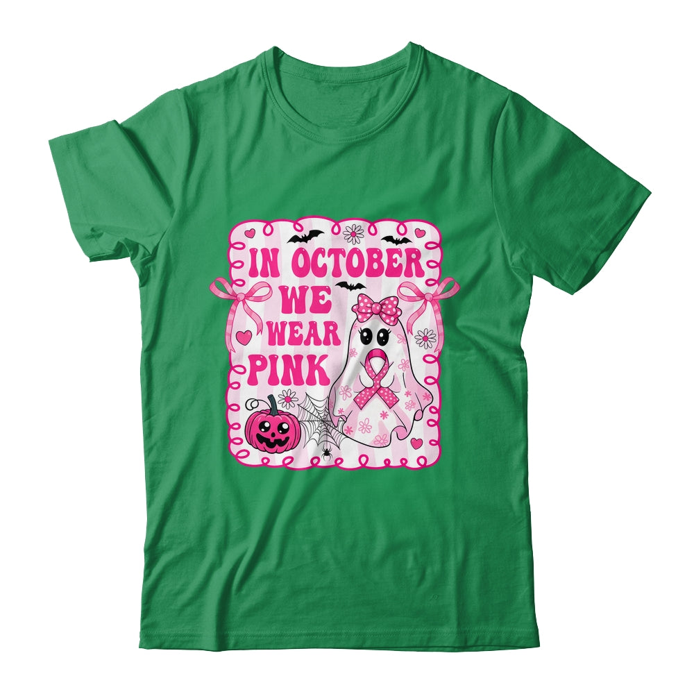 In October We Wear Pink Coquette Breast Cancer Halloween Ghost Shirt & Sweatshirt | siriusteestore