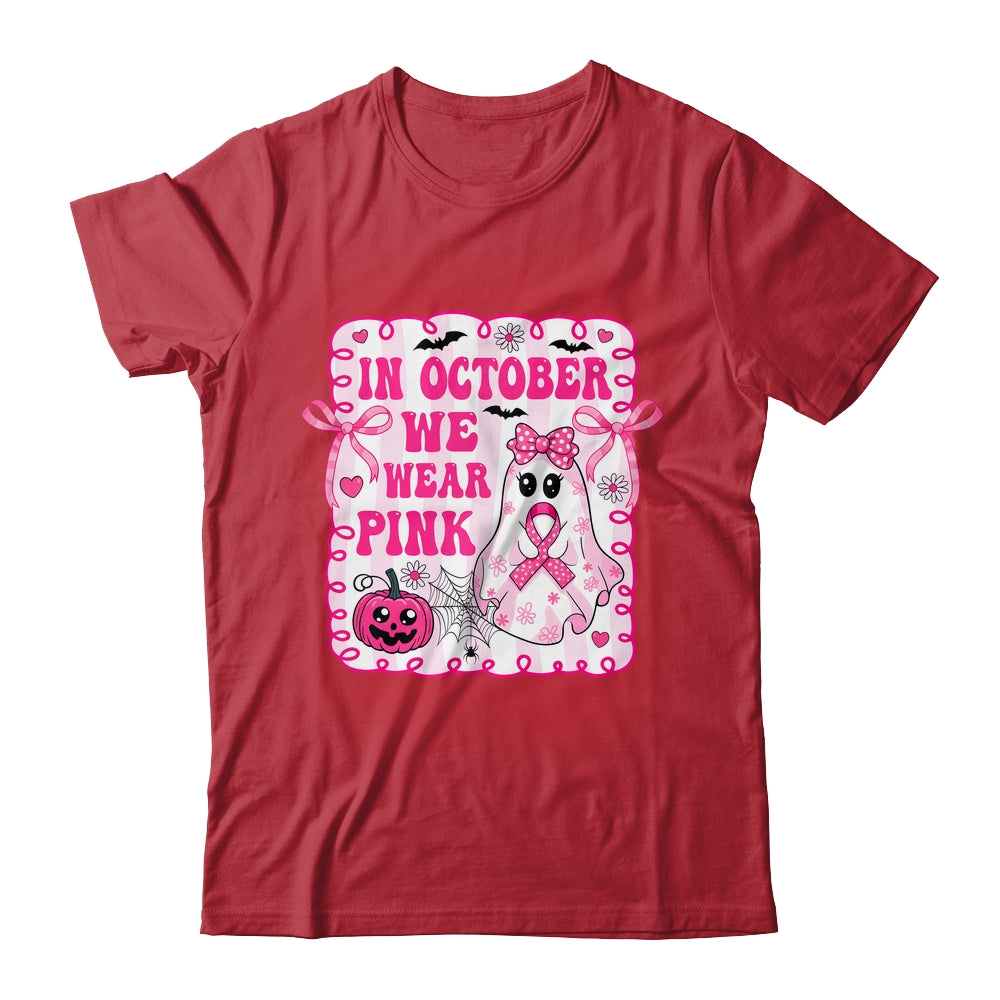 In October We Wear Pink Coquette Breast Cancer Halloween Ghost Shirt & Sweatshirt | siriusteestore