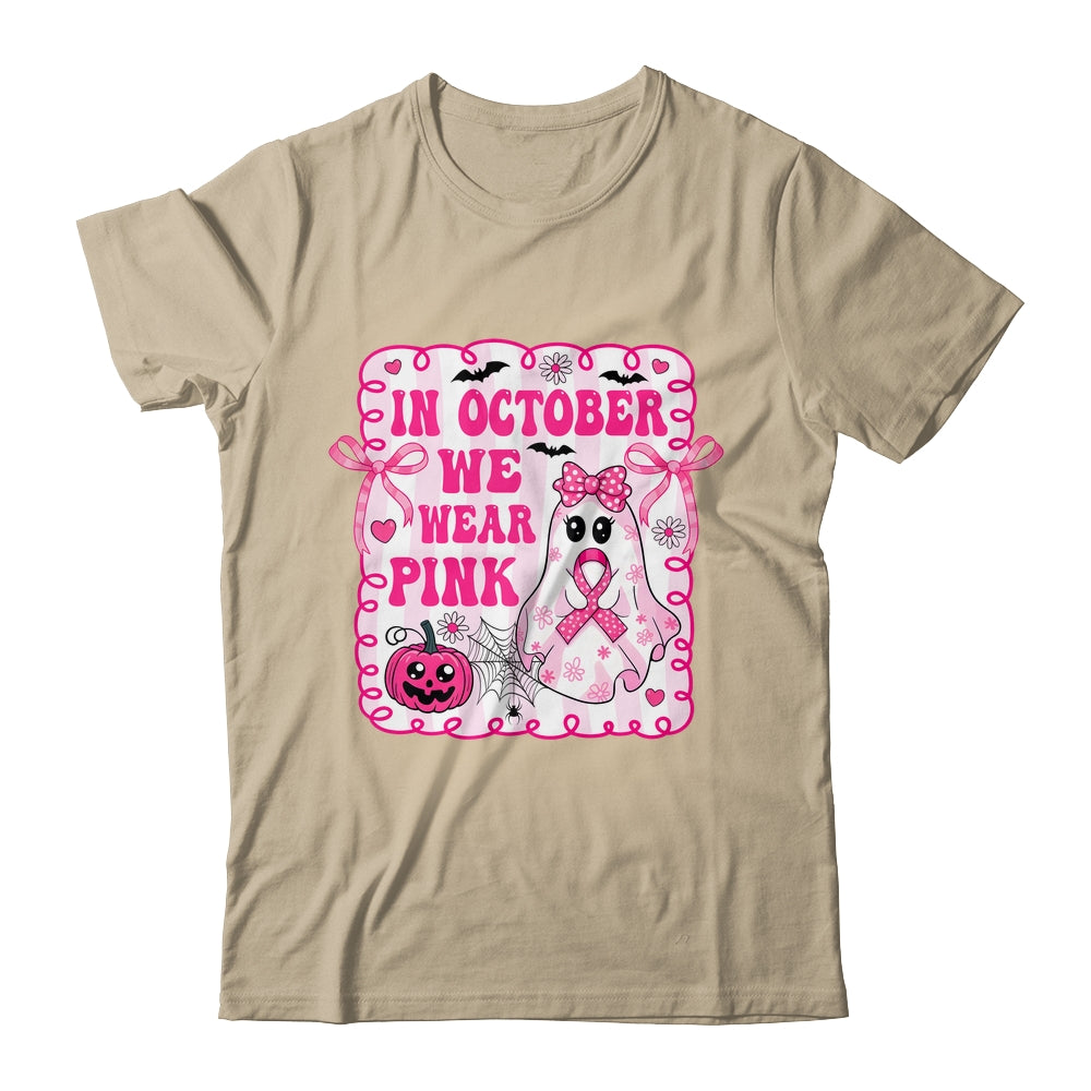 In October We Wear Pink Coquette Breast Cancer Halloween Ghost Shirt & Sweatshirt | siriusteestore