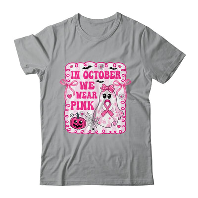 In October We Wear Pink Coquette Breast Cancer Halloween Ghost Shirt & Sweatshirt | siriusteestore