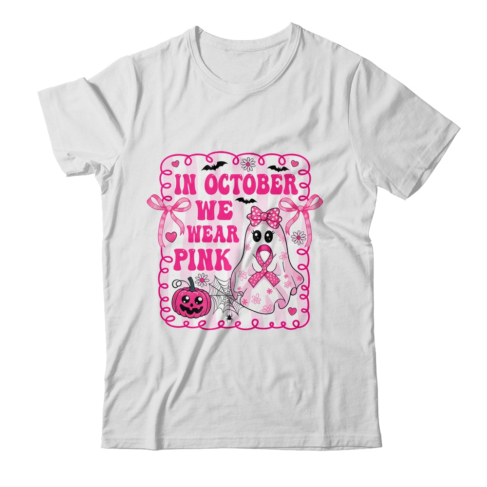 In October We Wear Pink Coquette Breast Cancer Halloween Ghost Shirt & Sweatshirt | siriusteestore