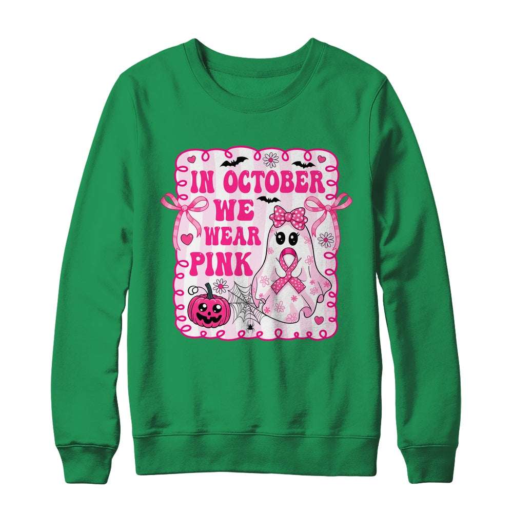 In October We Wear Pink Coquette Breast Cancer Halloween Ghost Shirt & Sweatshirt | siriusteestore