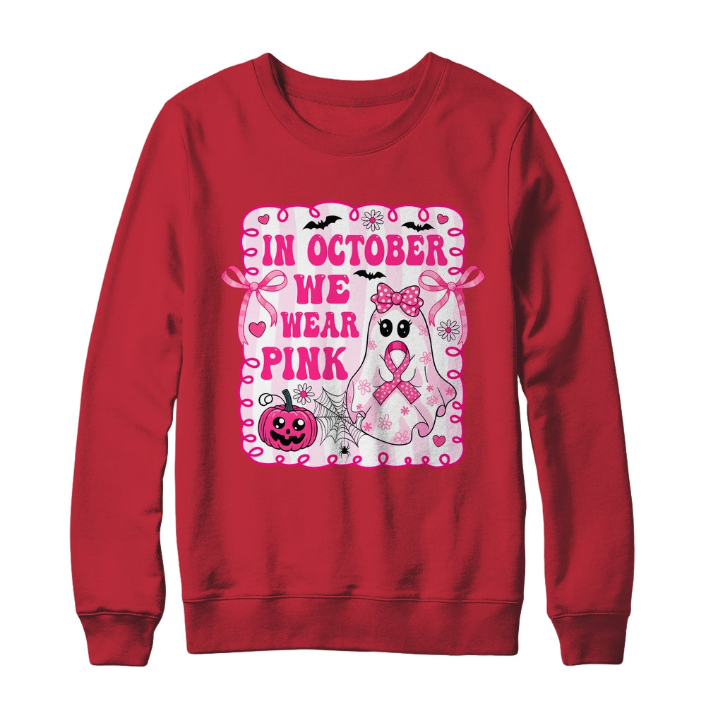 In October We Wear Pink Coquette Breast Cancer Halloween Ghost Shirt & Sweatshirt | siriusteestore