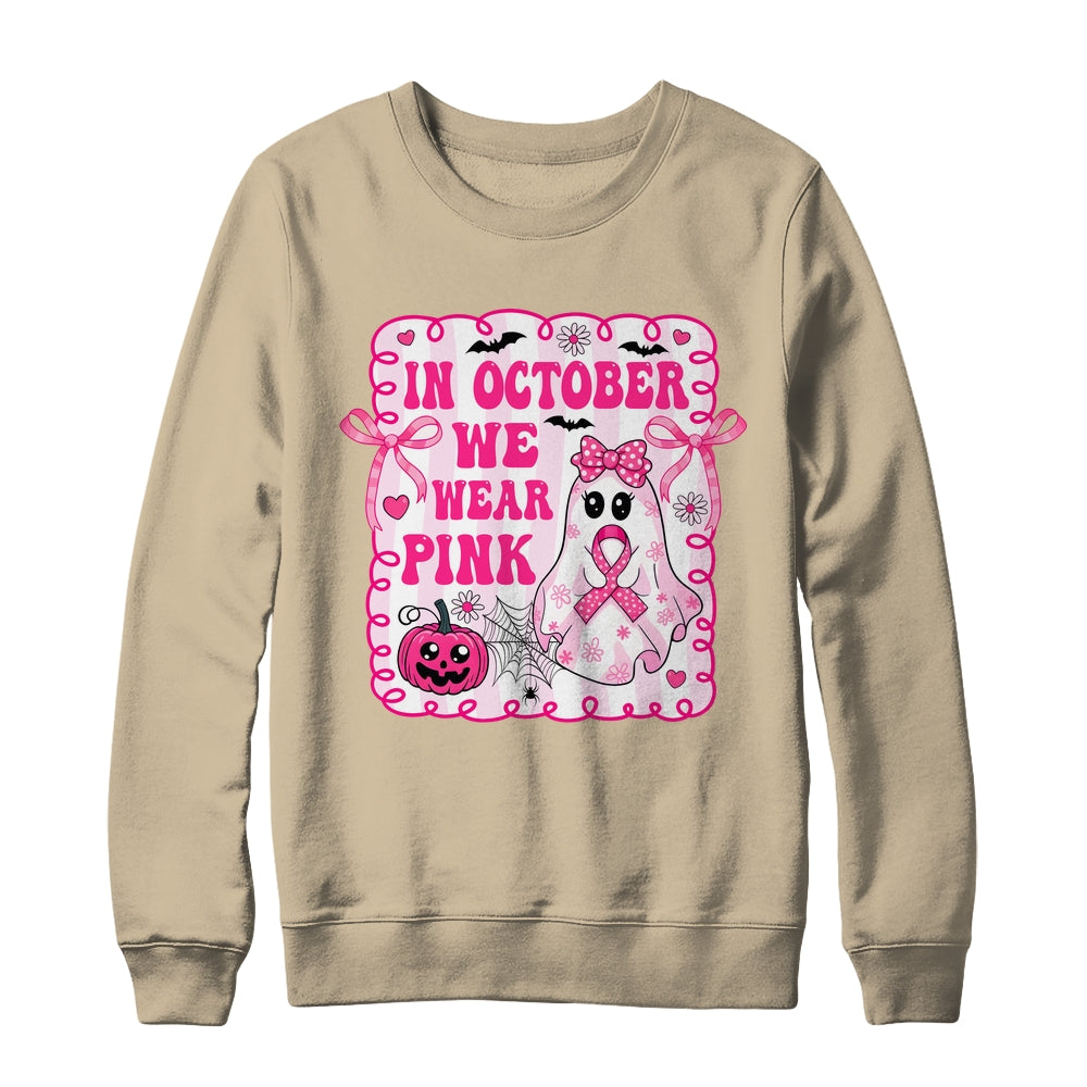 In October We Wear Pink Coquette Breast Cancer Halloween Ghost Shirt & Sweatshirt | siriusteestore