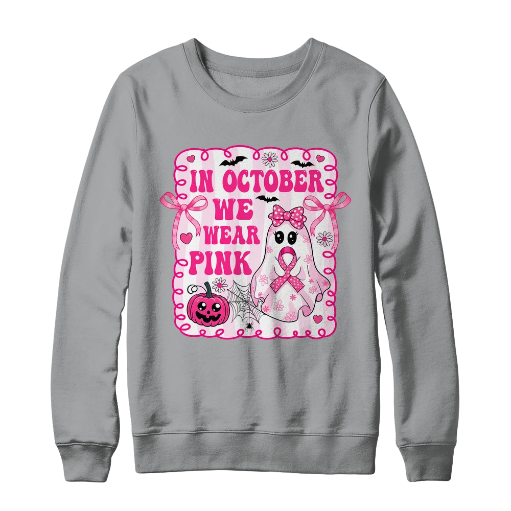 In October We Wear Pink Coquette Breast Cancer Halloween Ghost Shirt & Sweatshirt | siriusteestore
