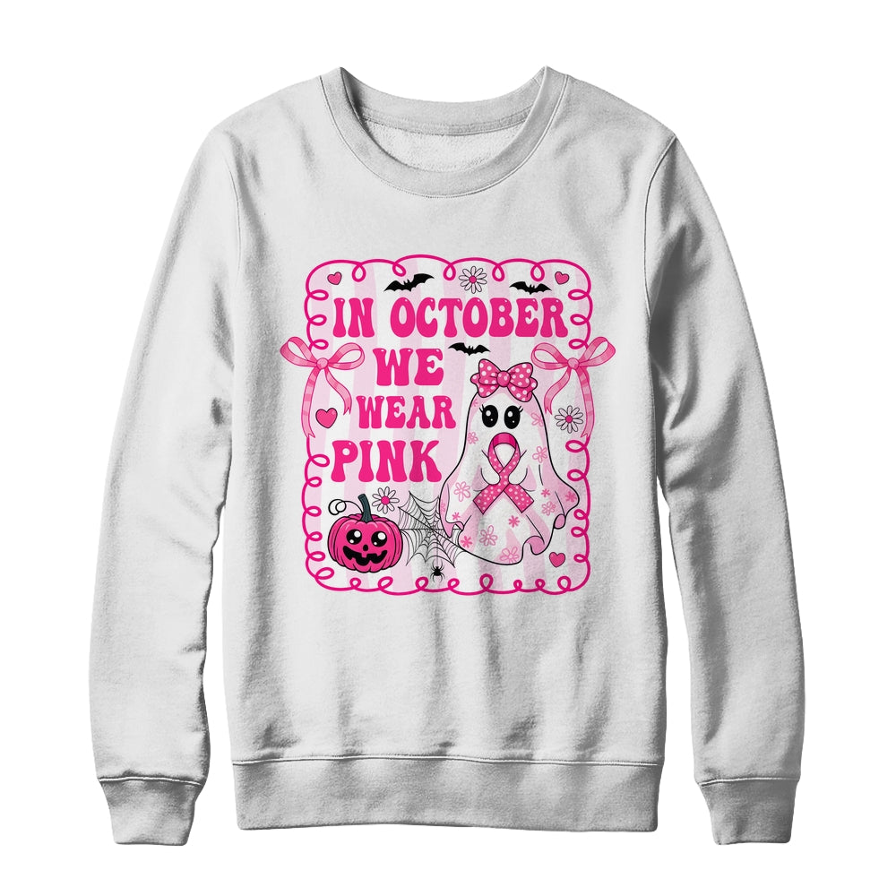In October We Wear Pink Coquette Breast Cancer Halloween Ghost Shirt & Sweatshirt | siriusteestore