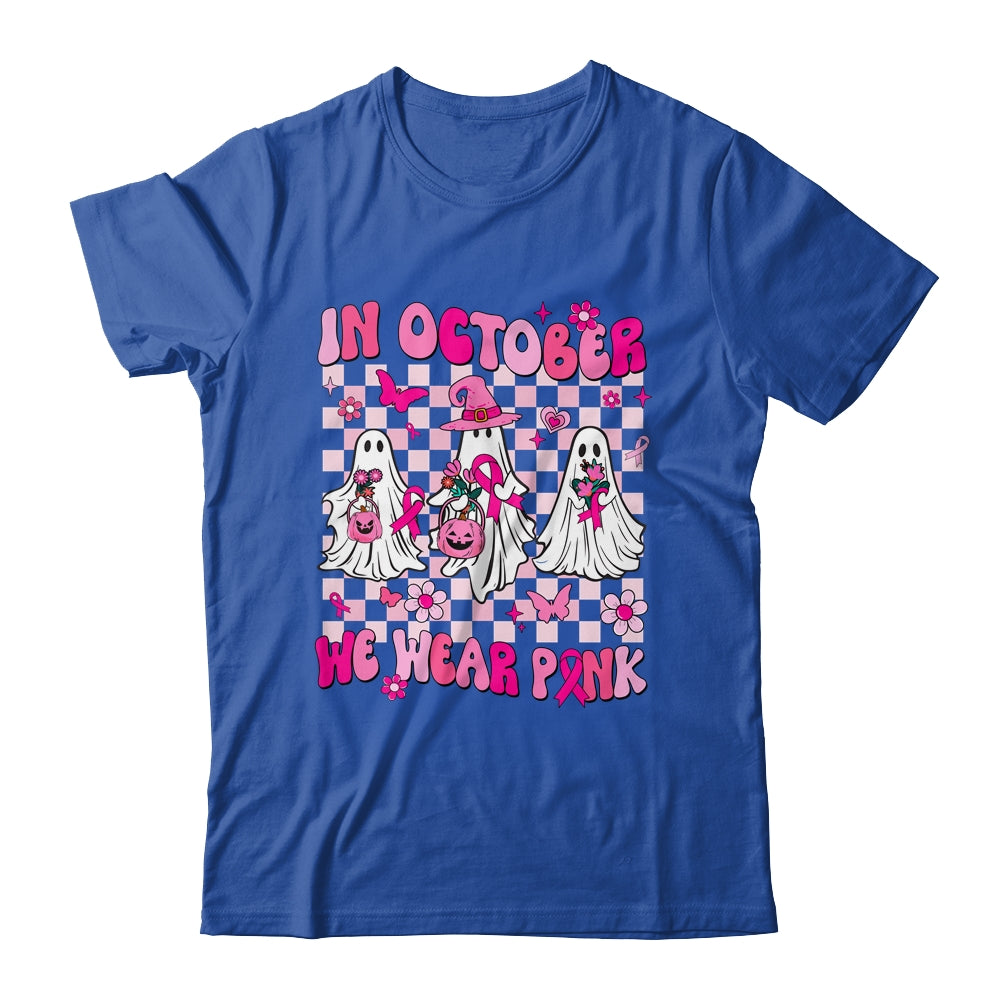 In October We Wear Pink Ghosts For Breast Cancer Women Groovy Shirt & Hoodie | siriusteestore