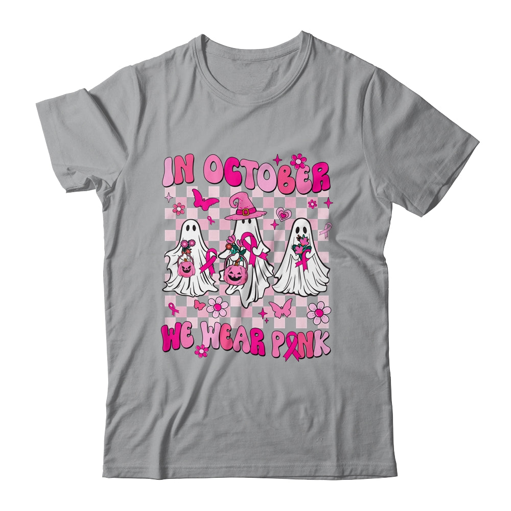 In October We Wear Pink Ghosts For Breast Cancer Women Groovy Shirt & Hoodie | siriusteestore