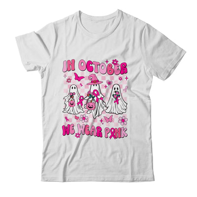 In October We Wear Pink Ghosts For Breast Cancer Women Groovy Shirt & Hoodie | siriusteestore