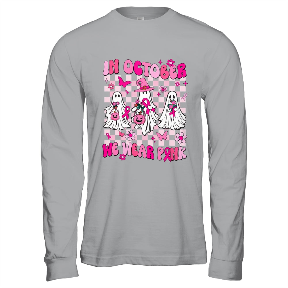 In October We Wear Pink Ghosts For Breast Cancer Women Groovy Shirt & Hoodie | siriusteestore