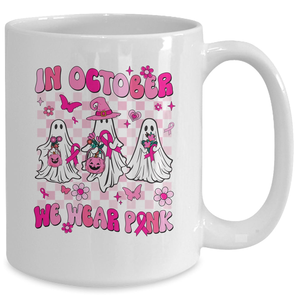 In October We Wear Pink Ghosts For Breast Cancer Women Groovy Mug | siriusteestore