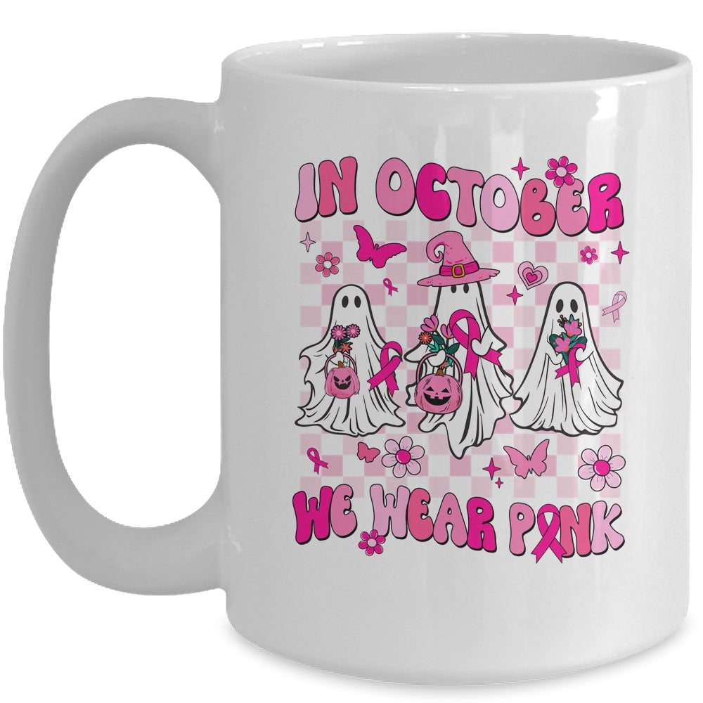 In October We Wear Pink Ghosts For Breast Cancer Women Groovy Mug | siriusteestore