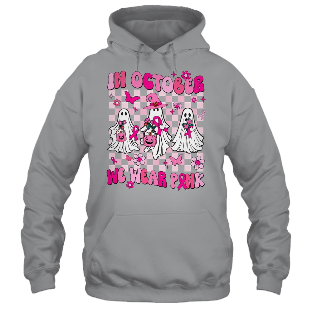 In October We Wear Pink Ghosts For Breast Cancer Women Groovy Shirt & Hoodie | siriusteestore