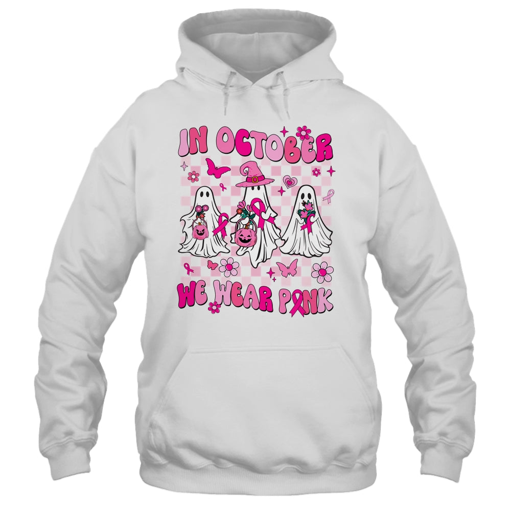 In October We Wear Pink Ghosts For Breast Cancer Women Groovy Shirt & Hoodie | siriusteestore