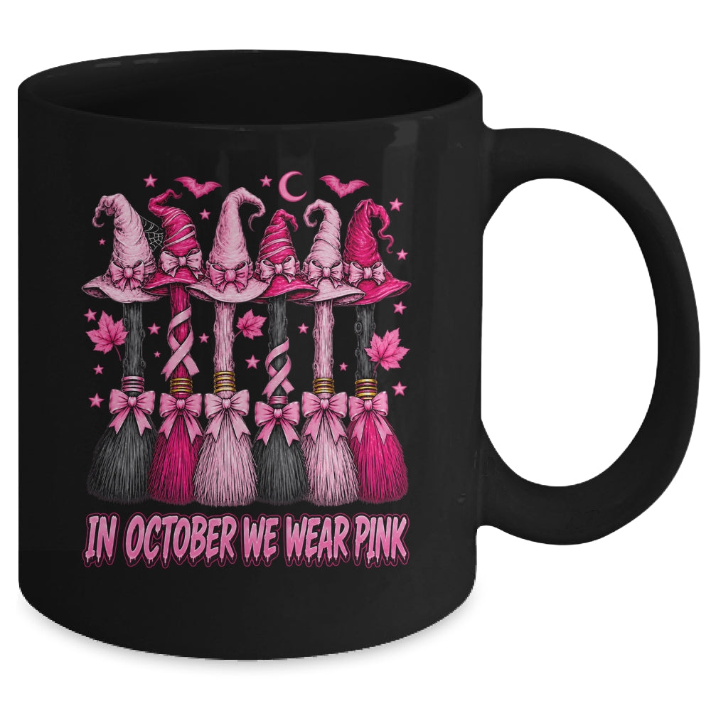 In October We Wear Pink Halloween Broom Witch Breast Cancer Mug | siriusteestore