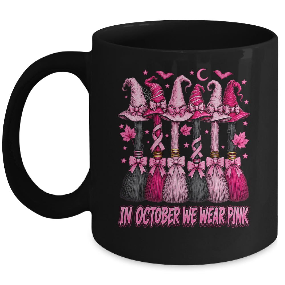 In October We Wear Pink Halloween Broom Witch Breast Cancer Mug | siriusteestore