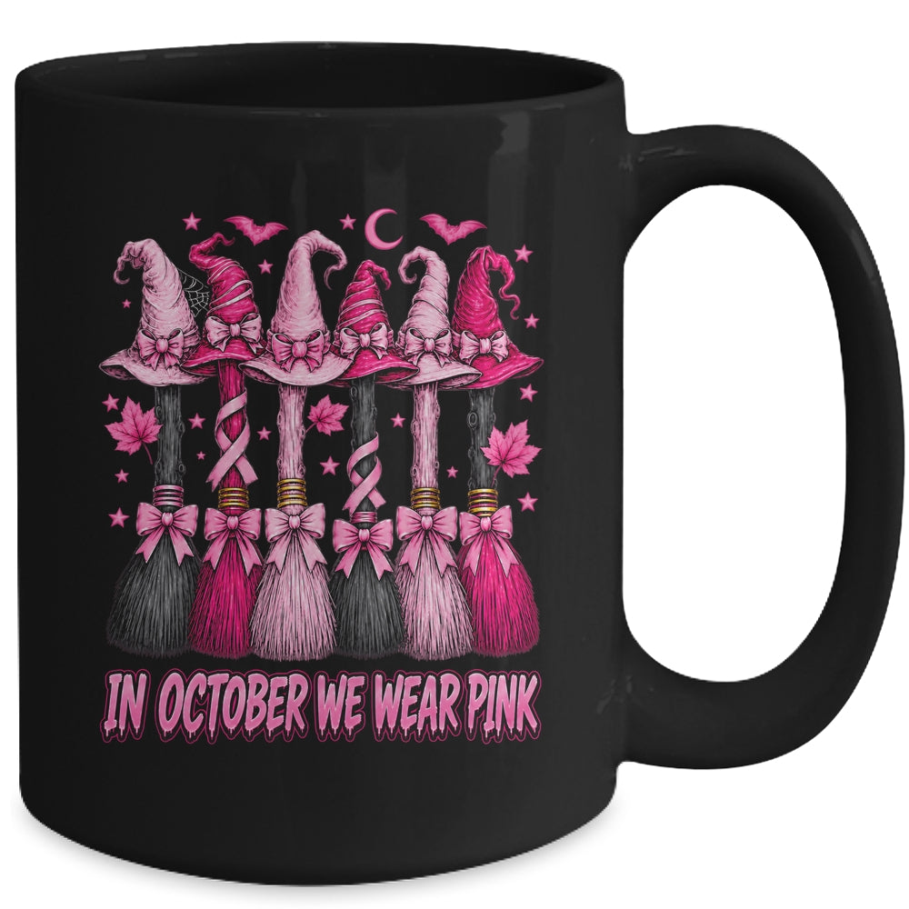 In October We Wear Pink Halloween Broom Witch Breast Cancer Mug | siriusteestore