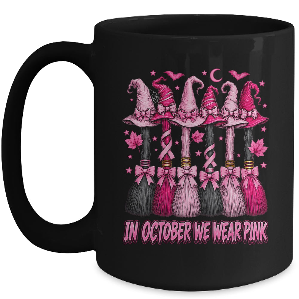 In October We Wear Pink Halloween Broom Witch Breast Cancer Mug | siriusteestore