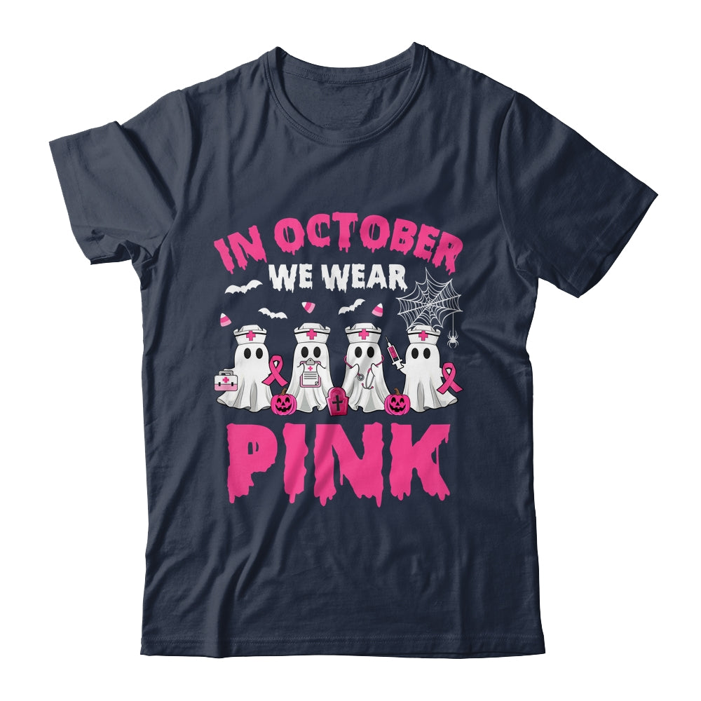 In October We Wear Pink Nurse Ghost Halloween Breast Cancer Shirt & Hoodie | siriusteestore